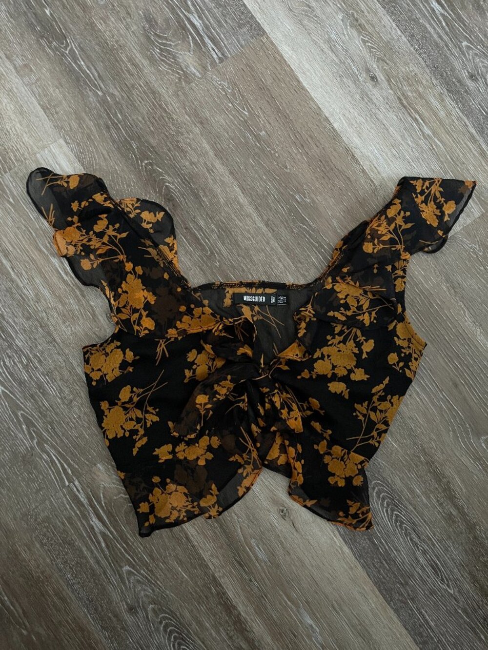 Black Flower Orange Floral Pattern Frilly Tie Front Cropped Blouse